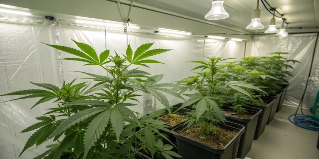 Karibbean Mango cannabis plants in the vegetative stage under indoor grow lights