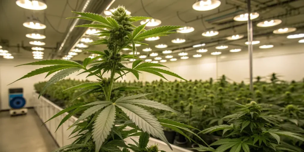 Close-up of Kerosene Krash Auto cannabis plant during flowering in an indoor grow room