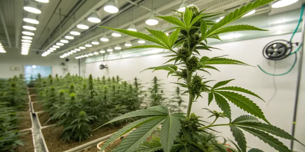 Kerosene Krash Auto cannabis plant with mature buds in a controlled indoor lighting environment