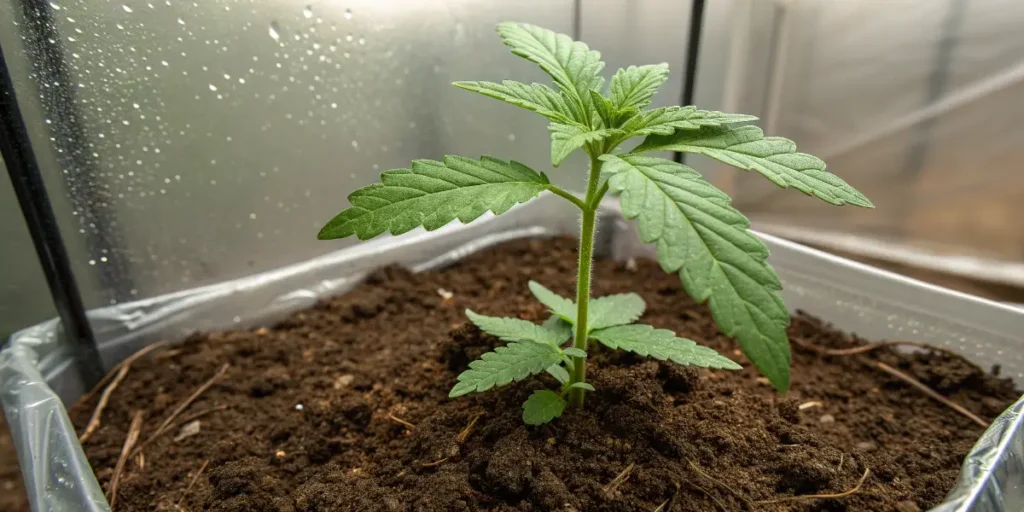 Young Khalifa Kush cannabis seedling sprouting in nutrient-rich soil