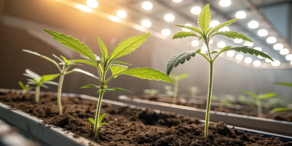 Early-stage Kickass Auto seedling under artificial grow lights