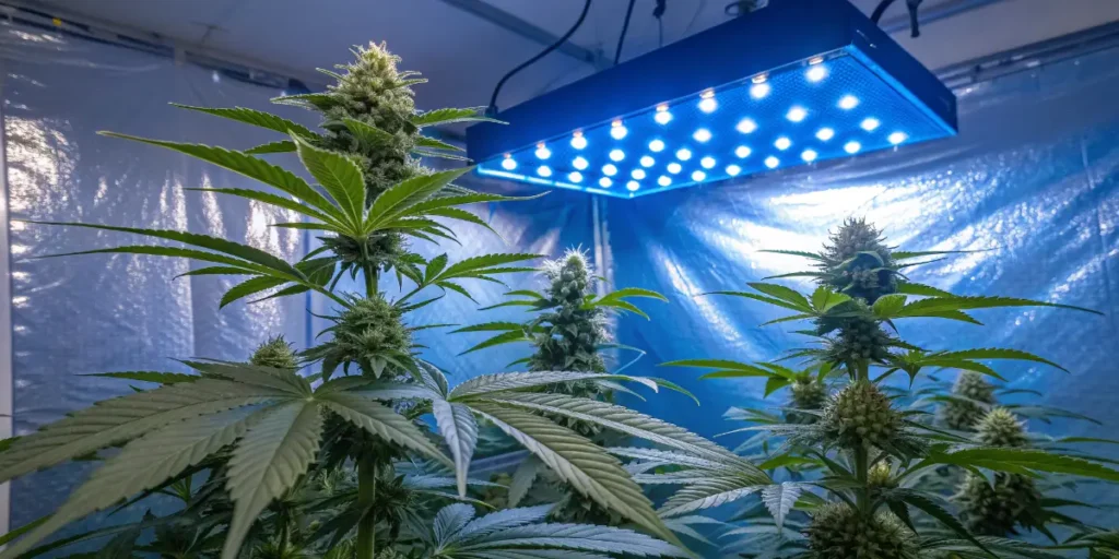 Kickass Auto cannabis plant flowering indoors under blue LED grow lights