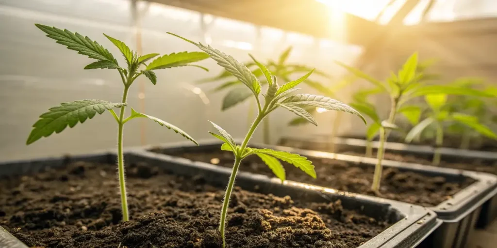 Kickass Auto cannabis seedling growing in soil inside a controlled grow room