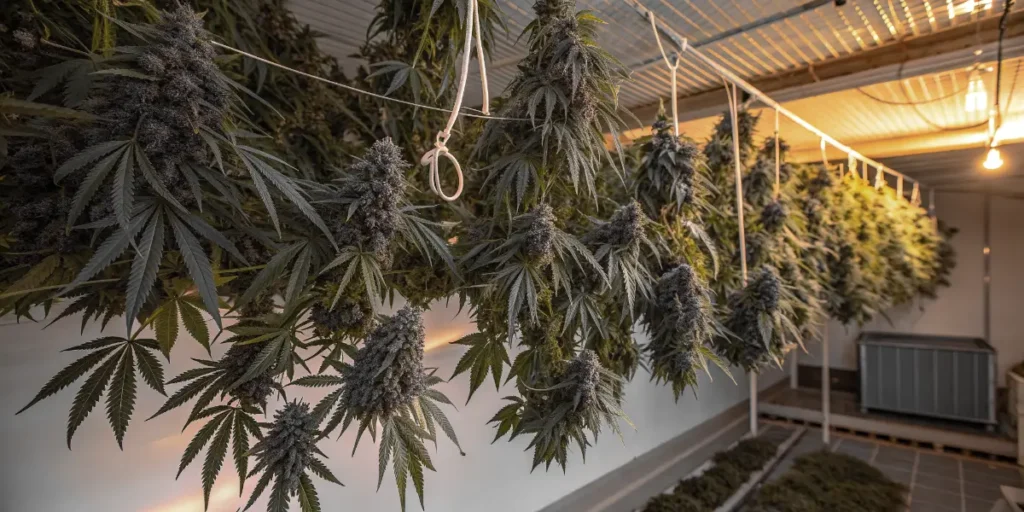 close-up of Kritic Auto cannabis drying in a controlled indoor environment