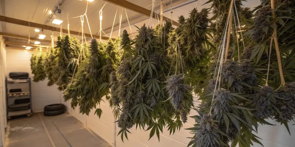 cannabis Kritic Auto buds hanging in an indoor drying room