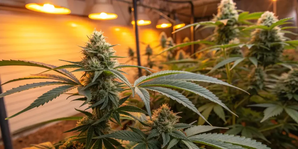 indoor cannabis grow room with flowering Kritic Auto plants