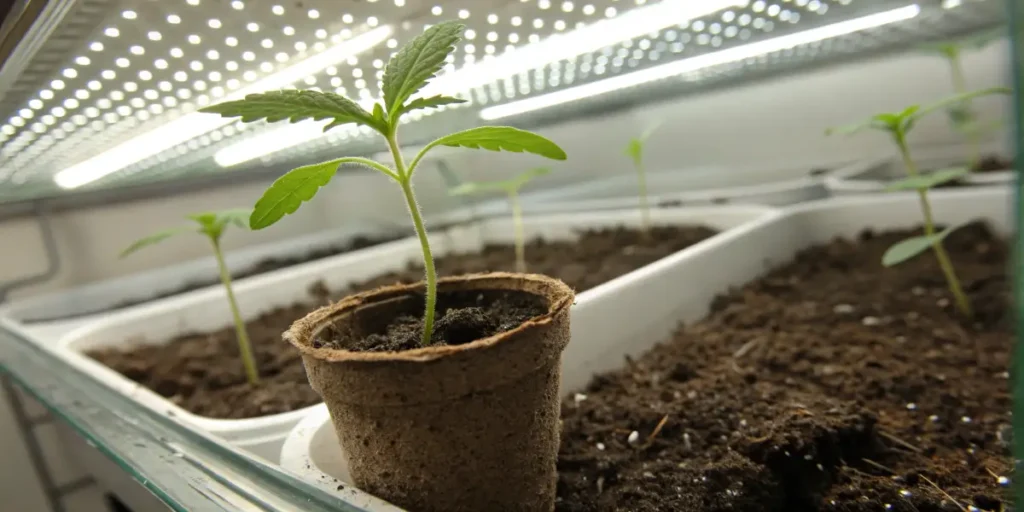 Kritikal-K cannabis seedling in tray under LED grow panel