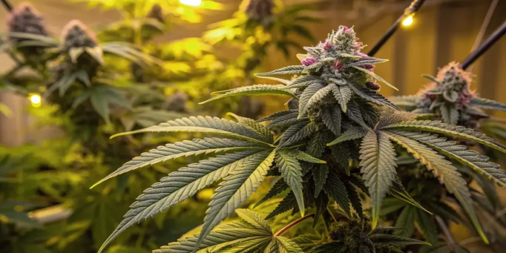 Close-up of Kritikal-K cannabis plant in indoor flowering stage under warm grow lights