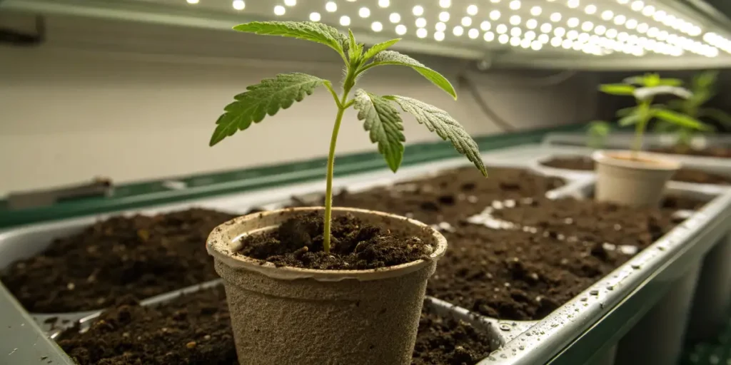 Kritikal-K cannabis seedling growing in small pot under LED lights