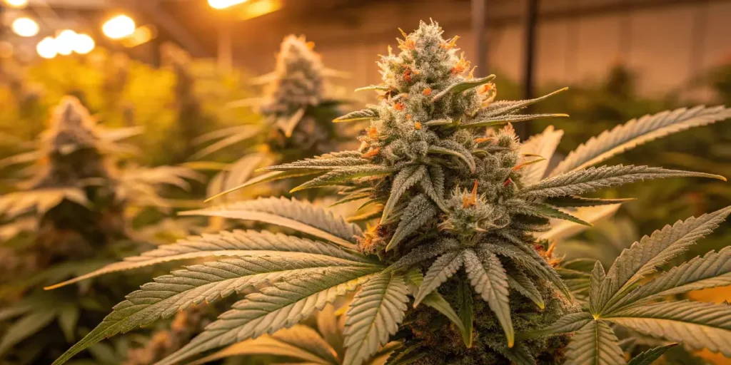 Young Kyle’s Cherry Ak cannabis seedling growing in a small pot under bright LED cultivation lights.