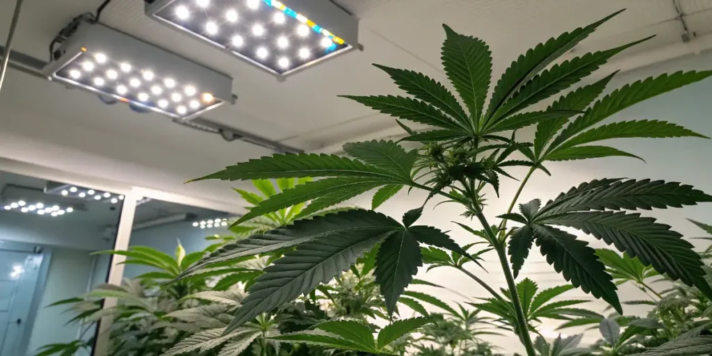 Blooming Kyle’s Cherry Ak cannabis plant with resinous buds and large fan leaves under indoor grow lighting.