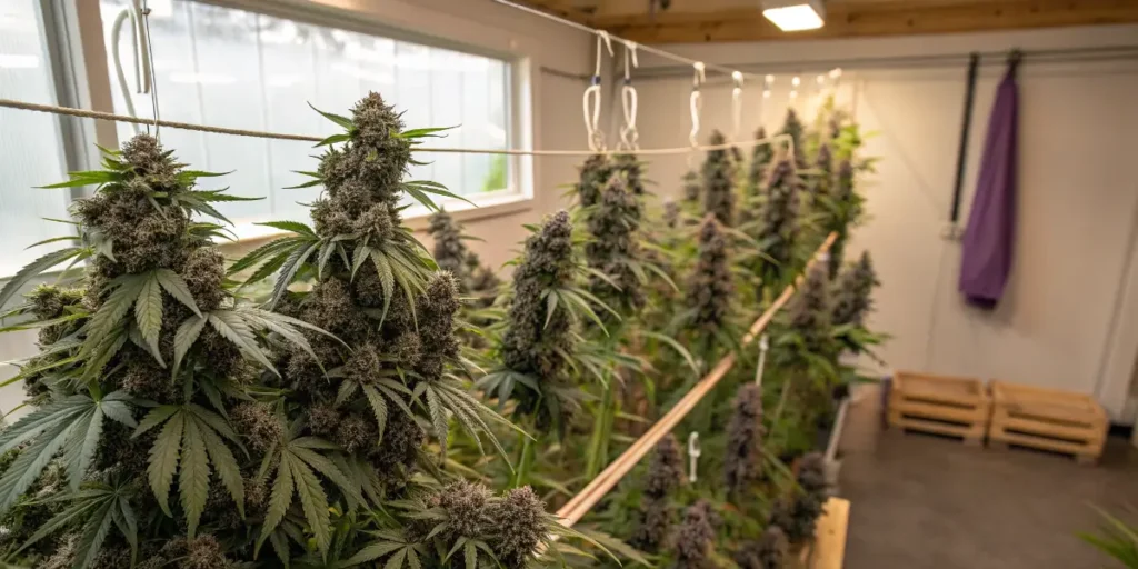 Indoor GSC cannabis plants with heavy resinous buds supported by trellis netting in a controlled grow room.