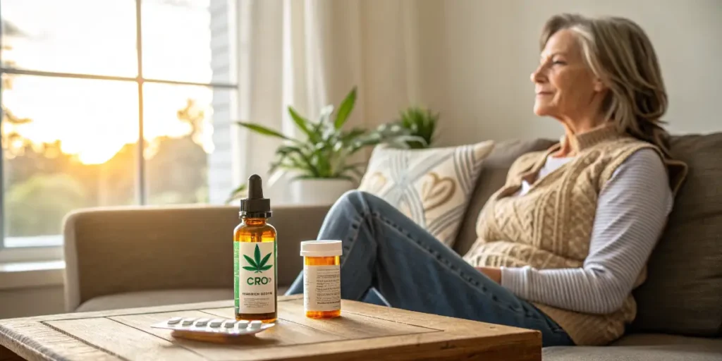 Woman sitting on a couch with CBD oil and prescription medication on a wooden table.