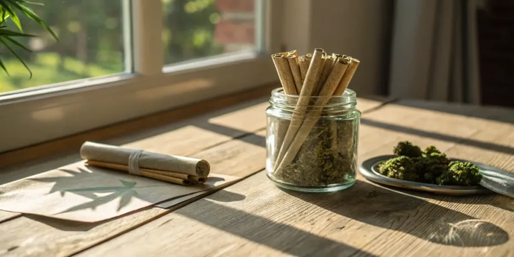 A glass jar packed with several pre-rolled joints next to a plate of cannabis buds near a bright window.
