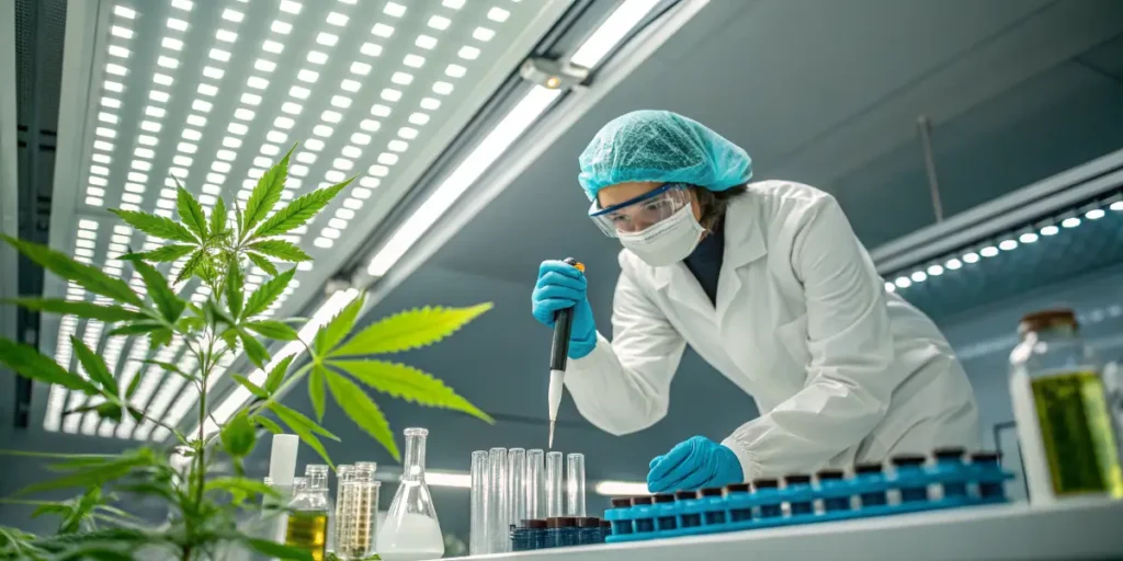 lab scientist using a pipette for cannabis chromatography testing