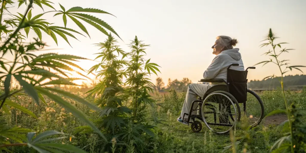 Spinal Cord Injury Cannabis. elderly woman in wheelchair sitting among cannabis plants outdoors at sunset