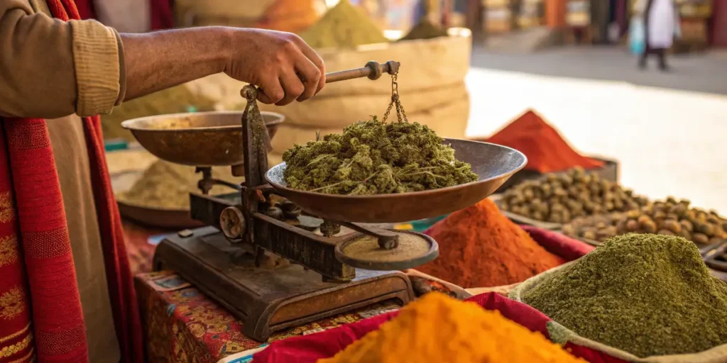 Cannabis Prices Around the World illustrated by a vendor weighing cannabis buds on rustic market scales.