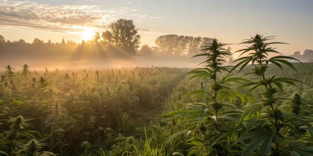 Trema Micrantha CBD plants glowing in morning light in a foggy rural valley
