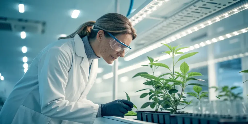 Scientist examining Trema Micrantha CBD plant under controlled laboratory lights