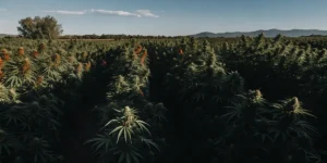 Wide-angle shot of a vast outdoor cannabis field filled with mature plants under a blue sky, with distant mountains.