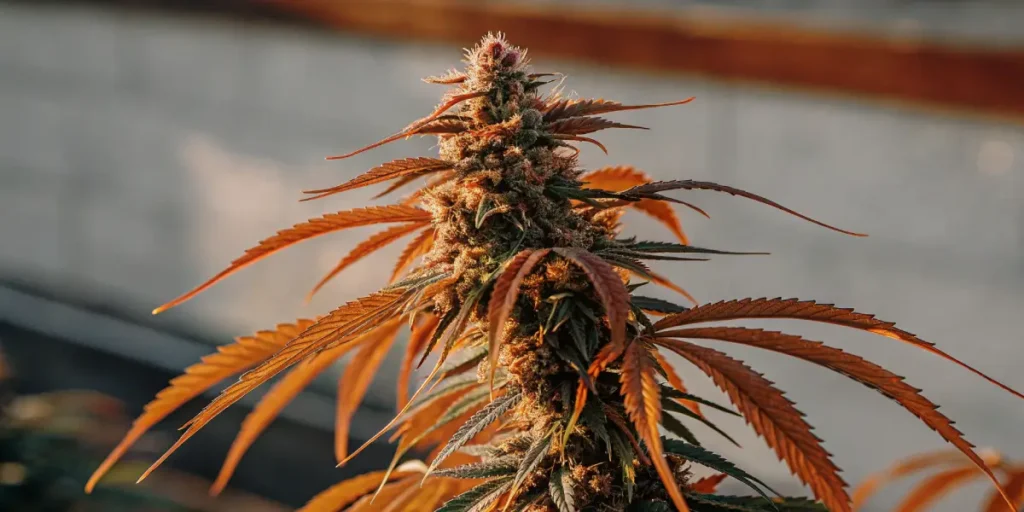 Close-up of a massive cannabis cola with orange leaves