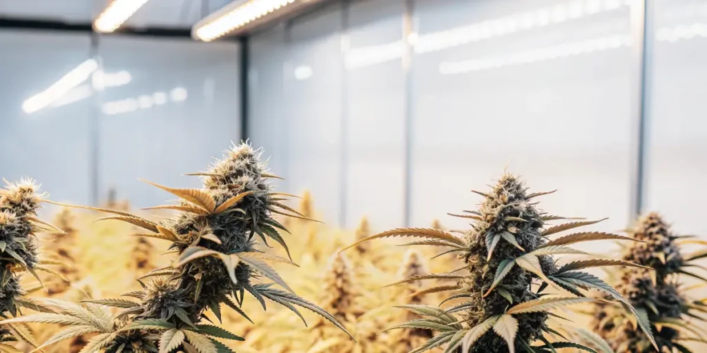 Close-up of mature cannabis plants thriving under bright LED lights in an indoor grow room.