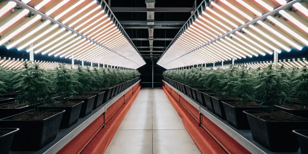 Wide-angle shot of a high-tech indoor cannabis farm with rows of plants under LED grow lights.