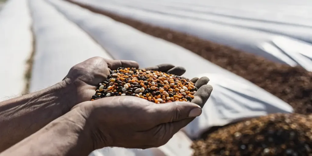 Farmer displaying a handful of mixed African landrace cannabis seeds in an outdoor field.