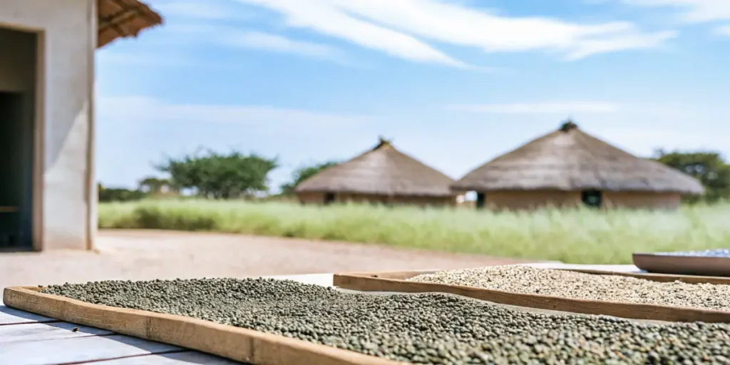 African landrace cannabis seeds drying on wooden trays in a rural village.
