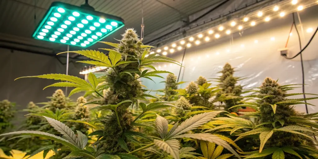 Afrodite cannabis plant in flowering stage under LED grow lights.