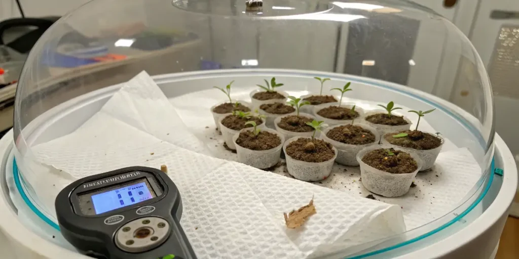 Afrodite cannabis seeds germinating in humidity dome.