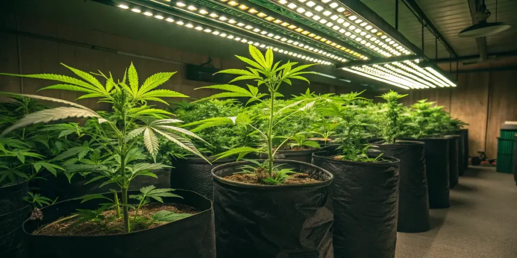 Cannabis plants growing indoors in Air-Pots under LED lights.