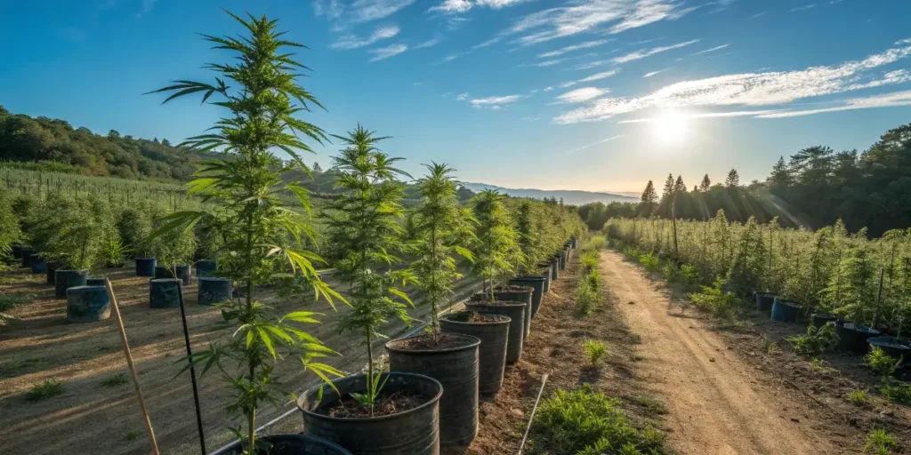 Outdoor cannabis plants growing in Air-Pots under full sunlight.