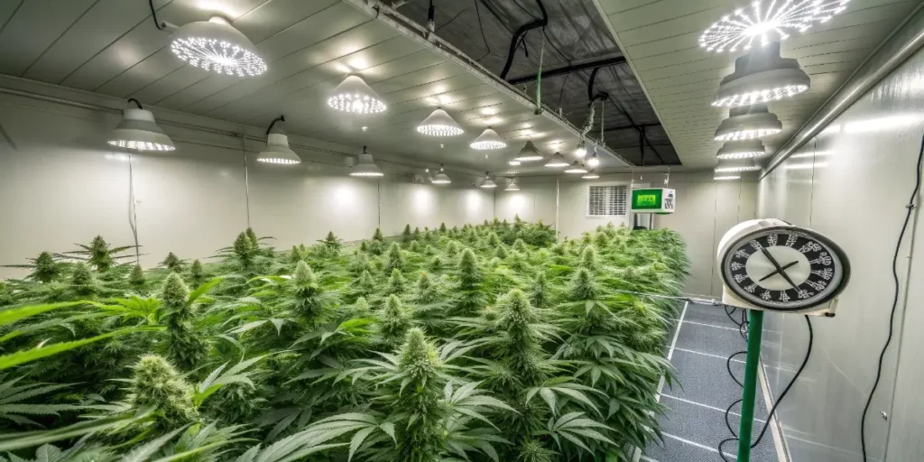 Indoor AK cannabis cultivation room with LED lighting setup.