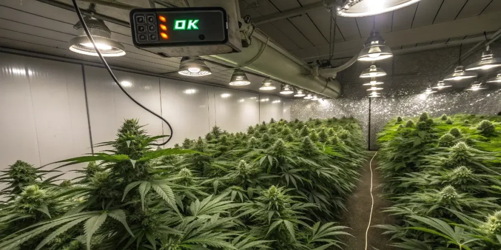AK cannabis plants flowering indoors under artificial lights.