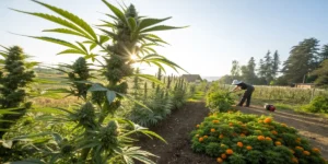 Farmer tending AK cannabis plants in outdoor cultivation field.