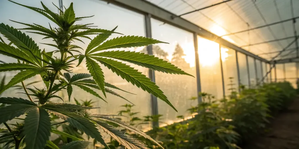 Cannabis leaves glowing in warm sunlight inside a greenhouse during research on the chemistry of alkaloids.