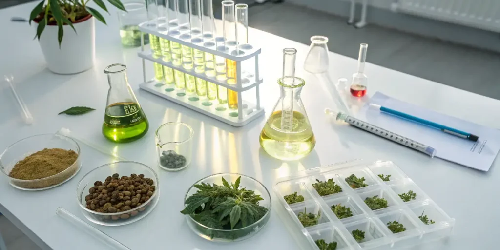Lab table with cannabis samples, test tubes and flasks used to study the chemistry of alkaloids.