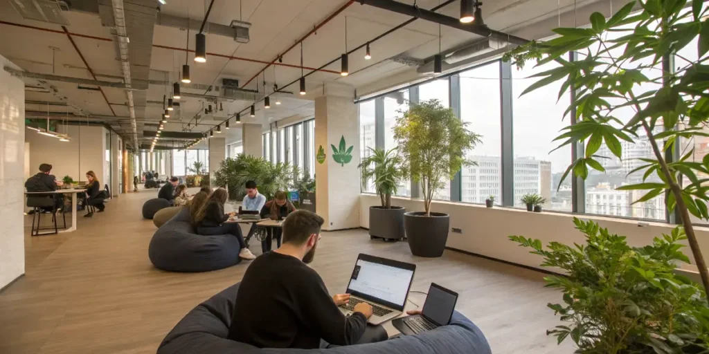 Cast of Amazon sitcom brainstorming in a modern office about the weed business.