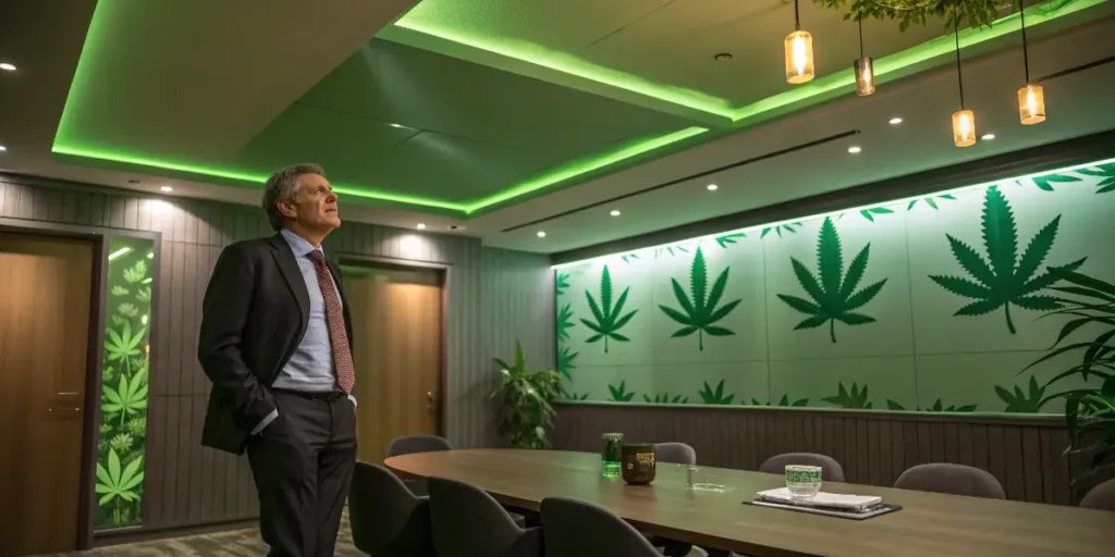 Amazon sitcom executive character in cannabis-themed boardroom.