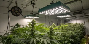 Amnesia cannabis plants thriving indoors under LED panels.