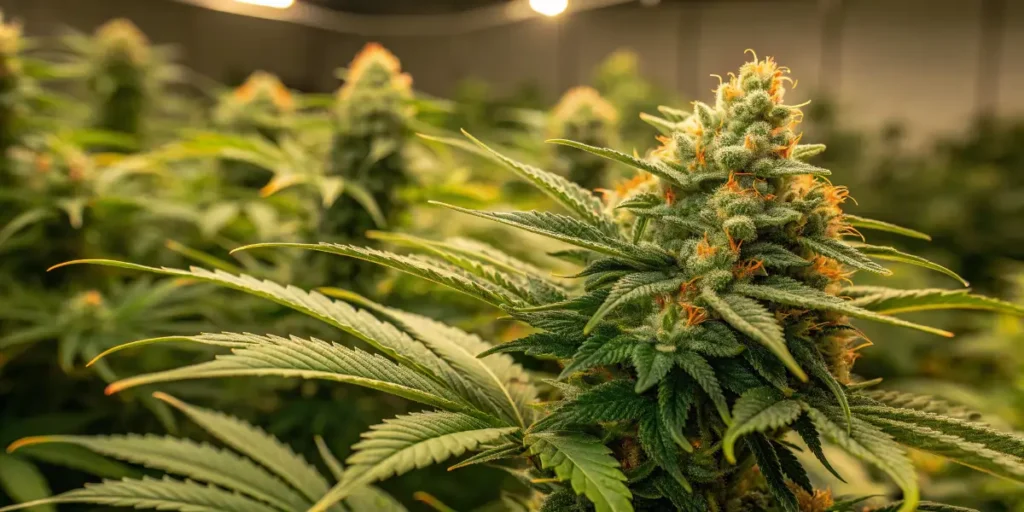 Amnesia cannabis plant in advanced flowering phase indoors.