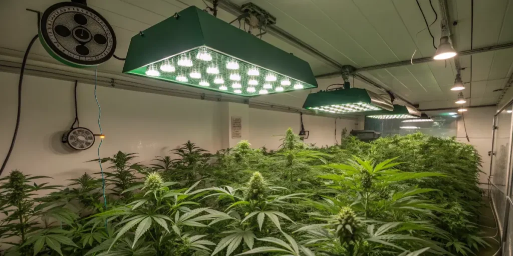 Indoor Amnesia cannabis cultivation setup with LED grow lights.
