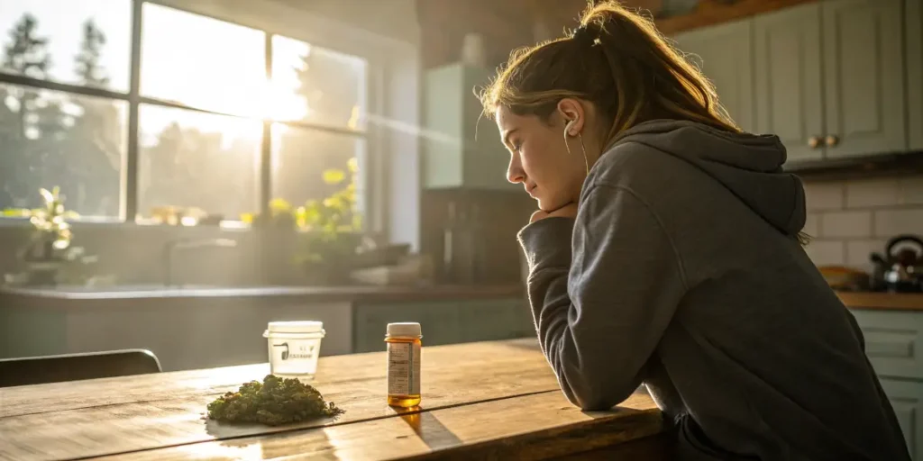 Woman looking at prescription bottle and cannabis buds on a table.