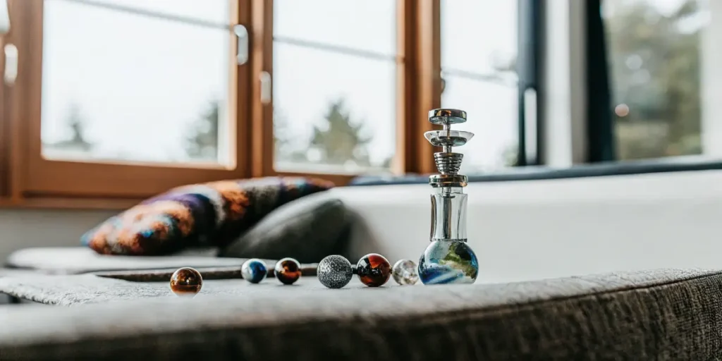 An artistic carb cap with colorful marble terp pearls arranged on a sofa table near a window.