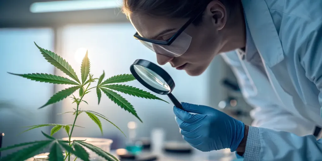 Scientist examining cannabis plant after Australia legalized medical marijuana cultivation.