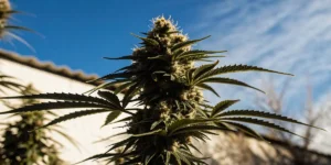 close-up of an autoflower cannabis bud outdoors under blue sky