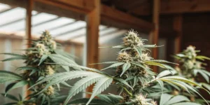 Autoflower cannabis plant growing indoors in a greenhouse with healthy green leaves and dense buds.