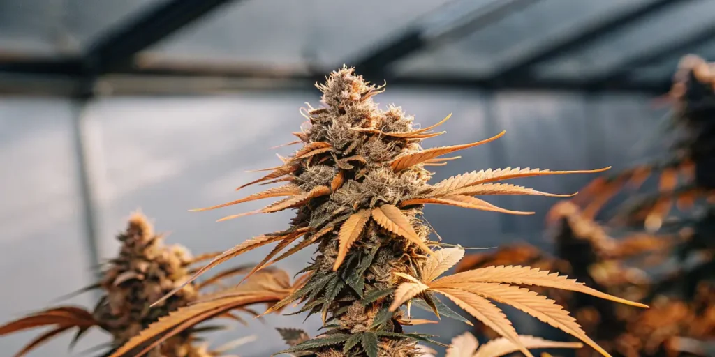 Autoflower cannabis plant with orange leaves and frosty buds inside a greenhouse.