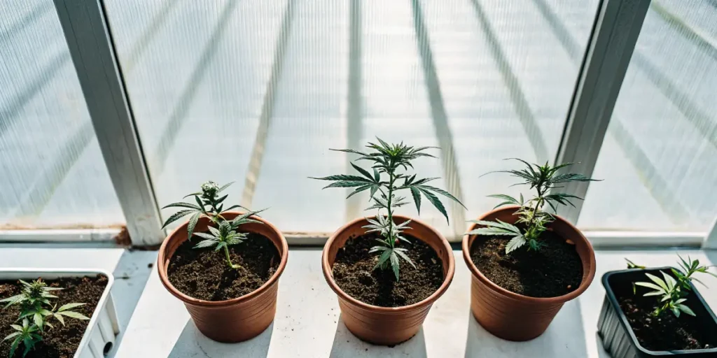 Multiple autoflower cannabis plants in clay pots inside a greenhouse.